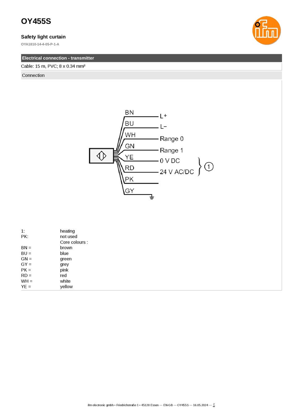 OY455S \ Safety light curtain \ PNP \ Cable 15 m, PVC datasheet