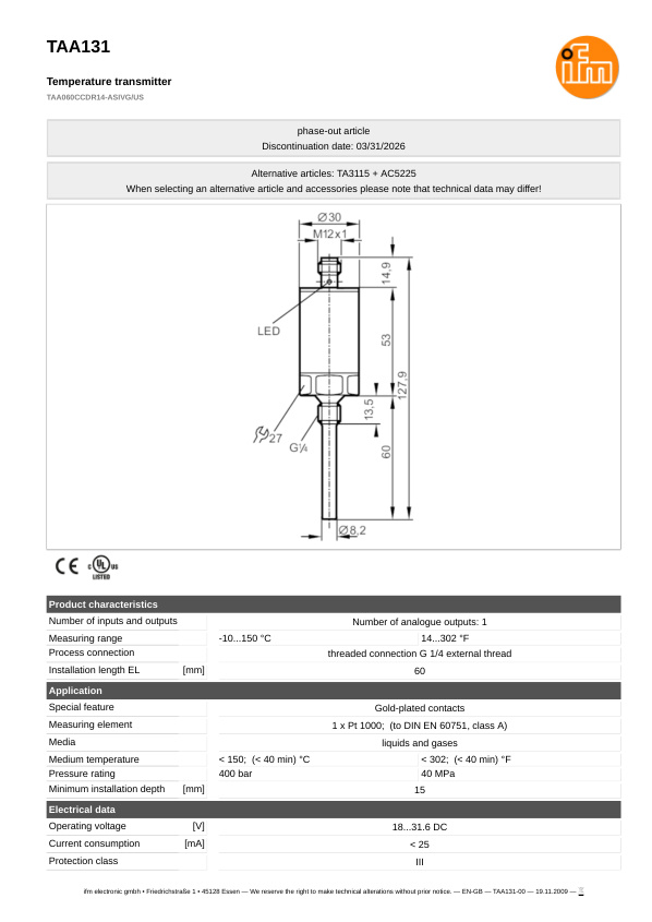 TAA131 \ efector 600 \ Temperature sensors \ TAA060CCDR14-ASIVG/US \ DE \ datasheet