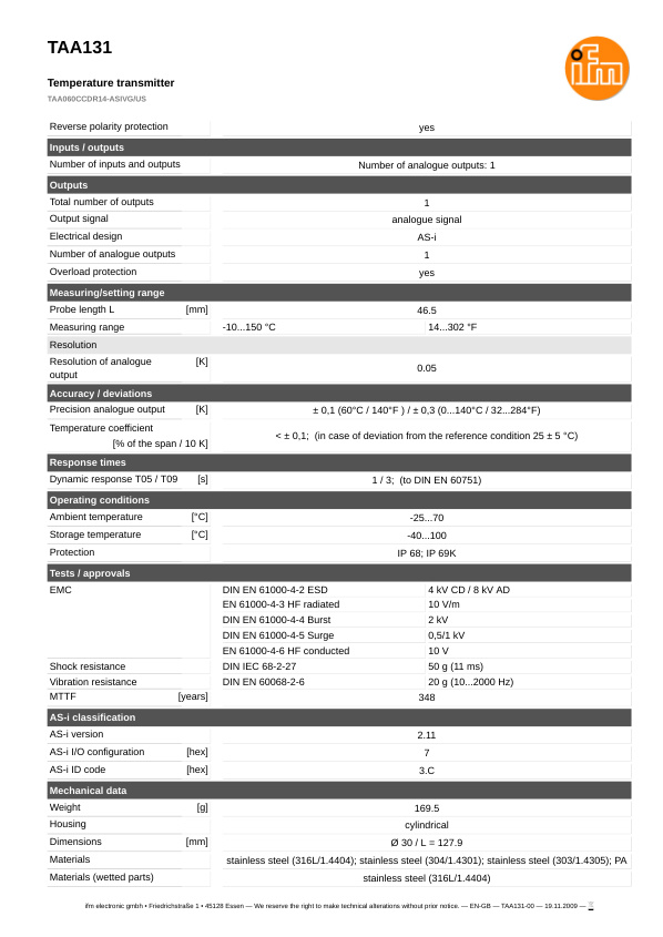 TAA131 \ efector 600 \ Temperature sensors \ TAA060CCDR14-ASIVG/US \ DE \ datasheet