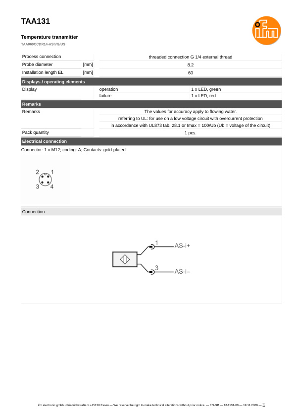 TAA131 \ efector 600 \ Temperature sensors \ TAA060CCDR14-ASIVG/US \ DE \ datasheet