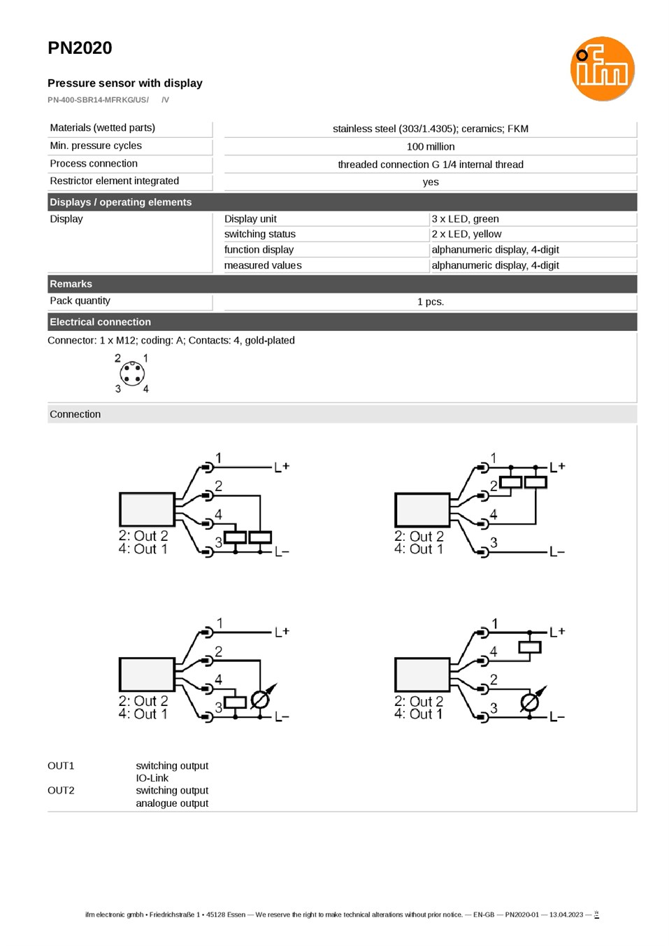 PN2020 / Pressure sensor / Range 0...400 bar / PNP/NPN / 4...20 / 0...10 / G 1/4 internal thread datasheet