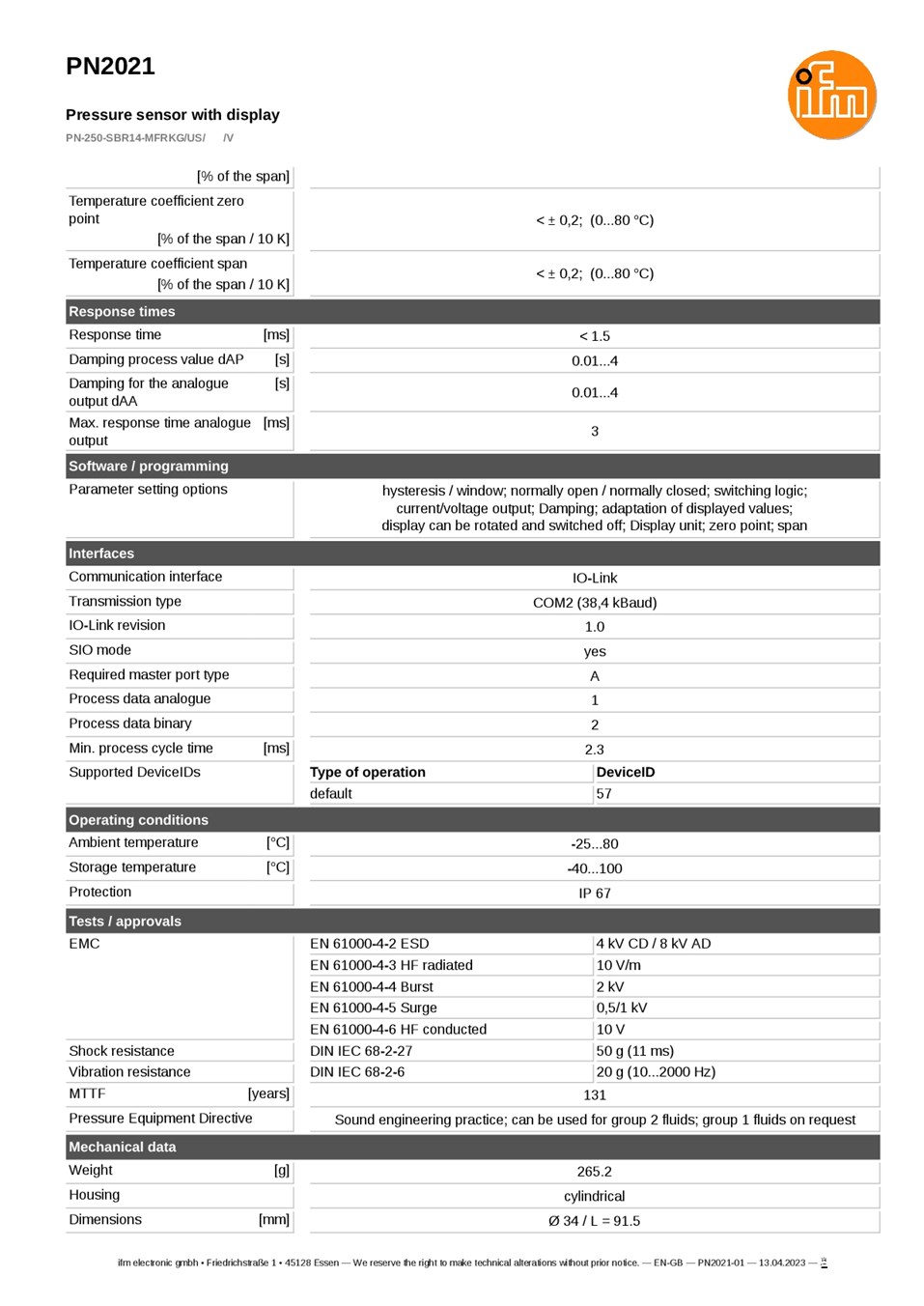 PN2021 / Pressure sensor / Range 0...250 bar / PNP/NPN / 4...20 / 0...10 / G 1/4 internal thread datasheet
