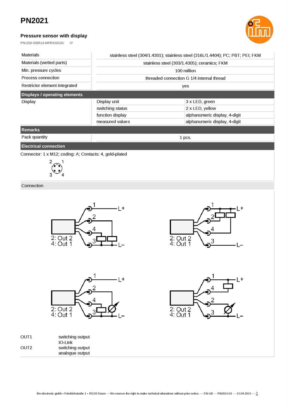 PN2021 / Pressure sensor / Range 0...250 bar / PNP/NPN / 4...20 / 0...10 / G 1/4 internal thread datasheet