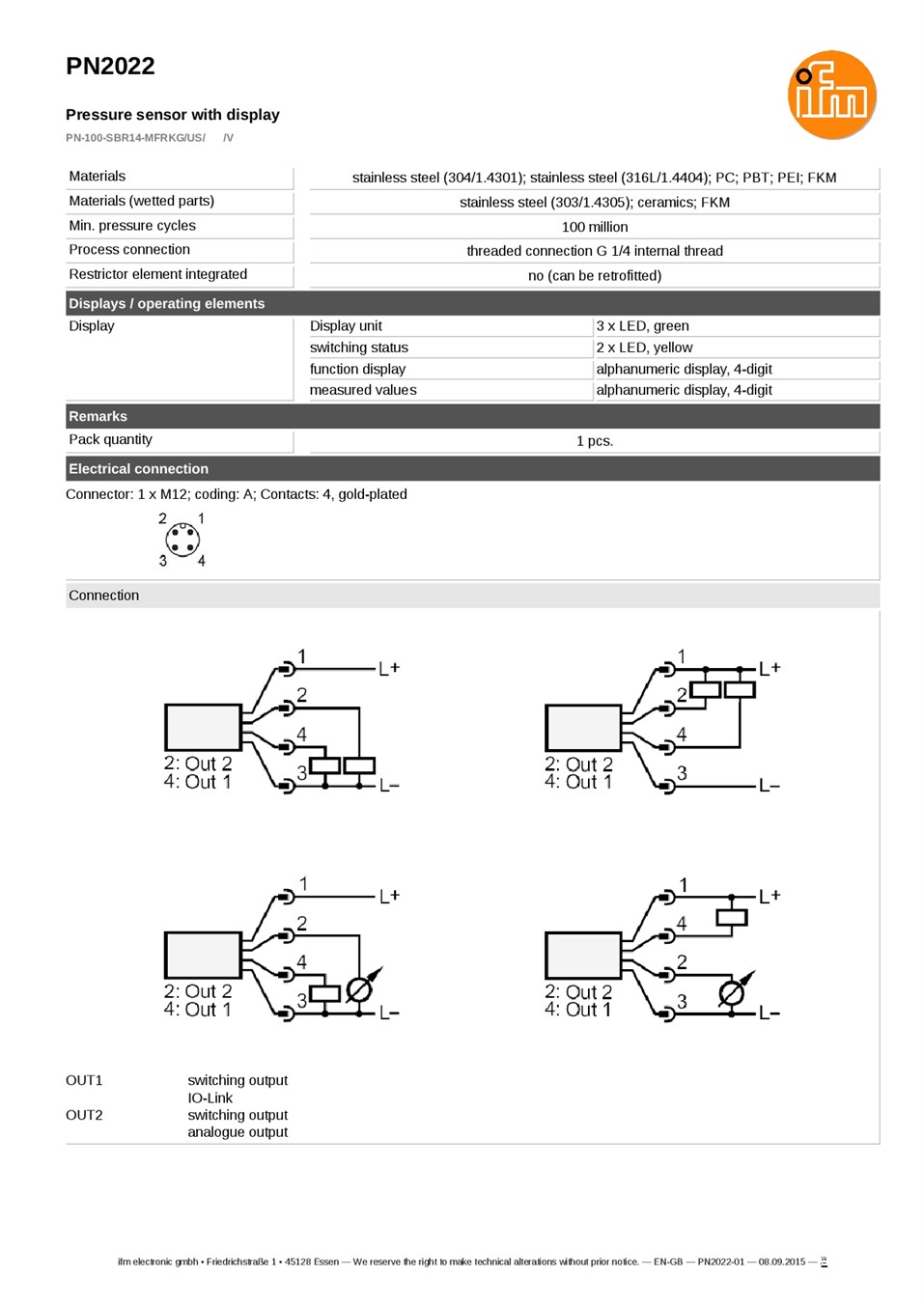 PN2022 / Pressure sensor / Range 0...100 bar / PNP/NPN / 4...20 / 0...10 / G 1/4 internal thread datasheet