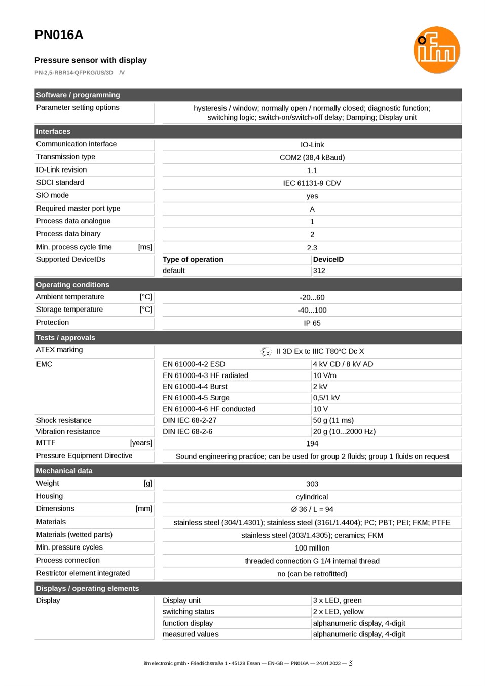 PN016A / Pressure sensor / Range 0...2.5 bar / PNP/NPN / G 1/4 internal thread datasheet