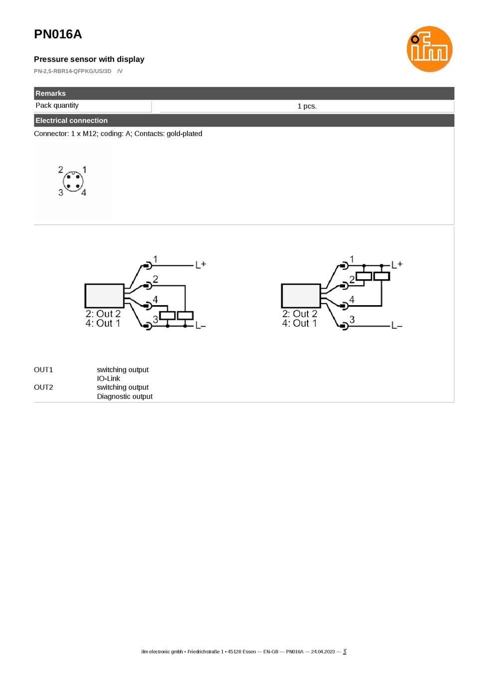 PN016A / Pressure sensor / Range 0...2.5 bar / PNP/NPN / G 1/4 internal thread datasheet