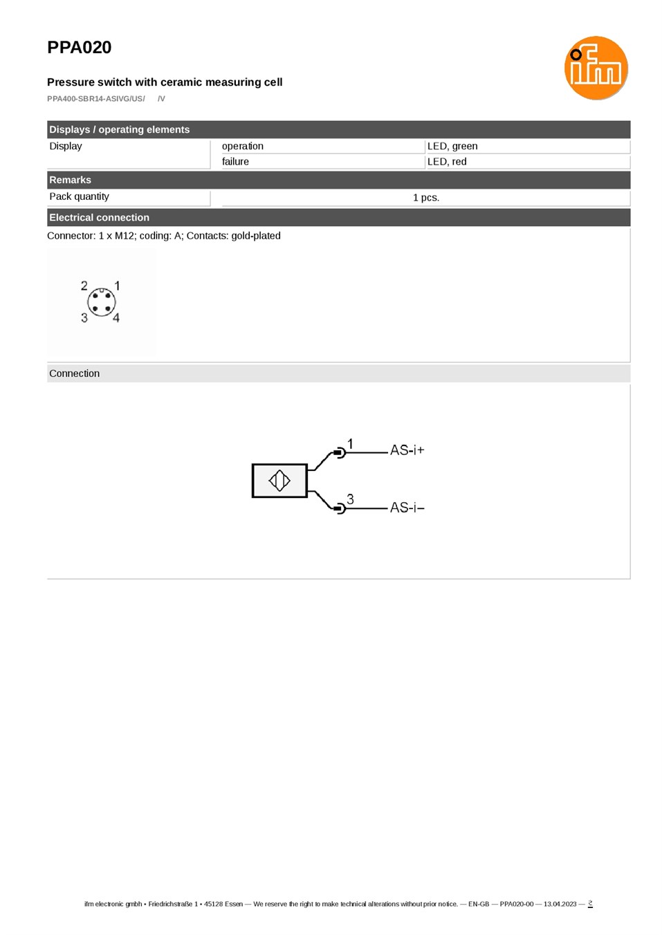 PPA020 / Pressure sensor / Range 0...400 bar / G 1/4 internal thread datasheet