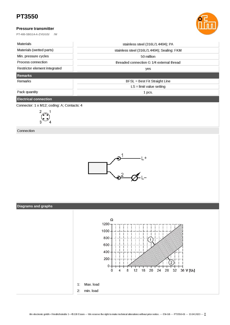 PT3550 / Pressure sensor / Range 0...400 bar / 4...20 / G 1/4 external thread datasheet