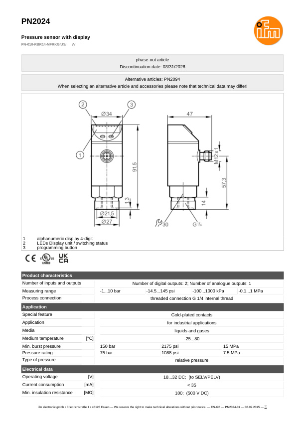 PN2024 / Pressure sensor / Range -1...10 bar / PNP/NPN / 4...20 / 0...10 / G 1/4 internal thread datasheet