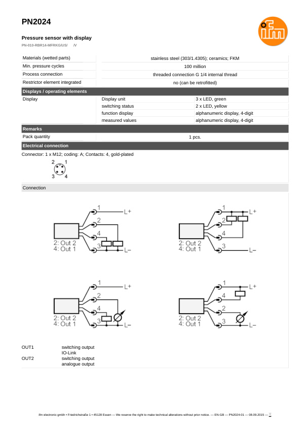 PN2024 / Pressure sensor / Range -1...10 bar / PNP/NPN / 4...20 / 0...10 / G 1/4 internal thread datasheet