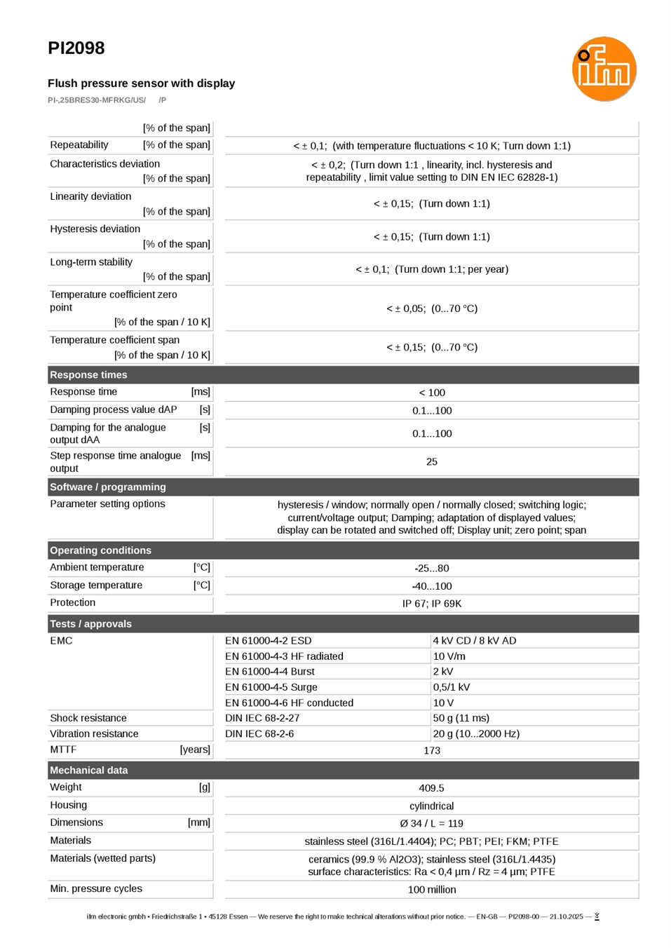PI2098 / Pressure sensor / Range -0.0124...0.25 bar / PNP/NPN / 4...20 / 0...10 / Aseptoflex external thread Aseptoflex datasheet