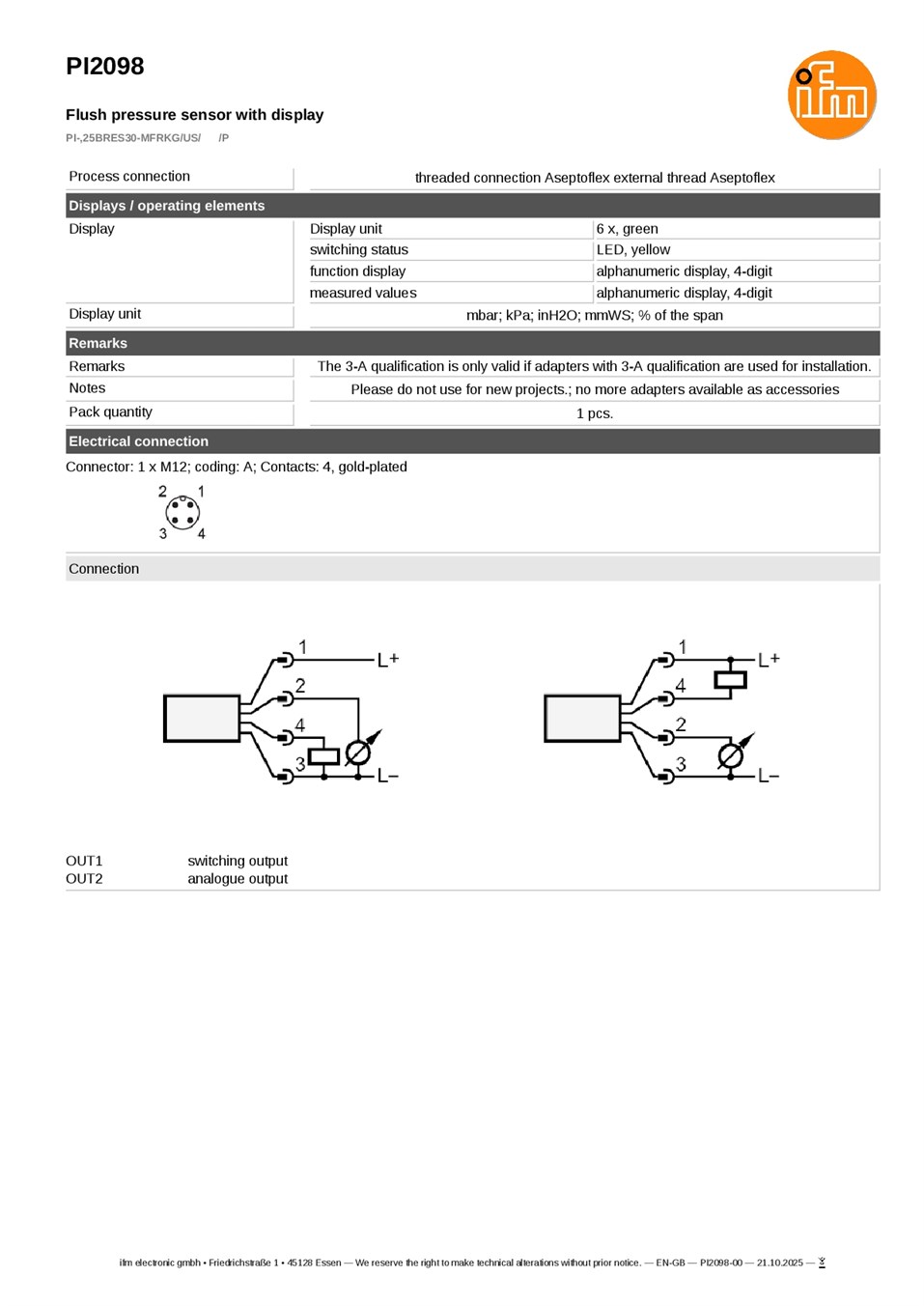 PI2098 / Pressure sensor / Range -0.0124...0.25 bar / PNP/NPN / 4...20 / 0...10 / Aseptoflex external thread Aseptoflex datasheet