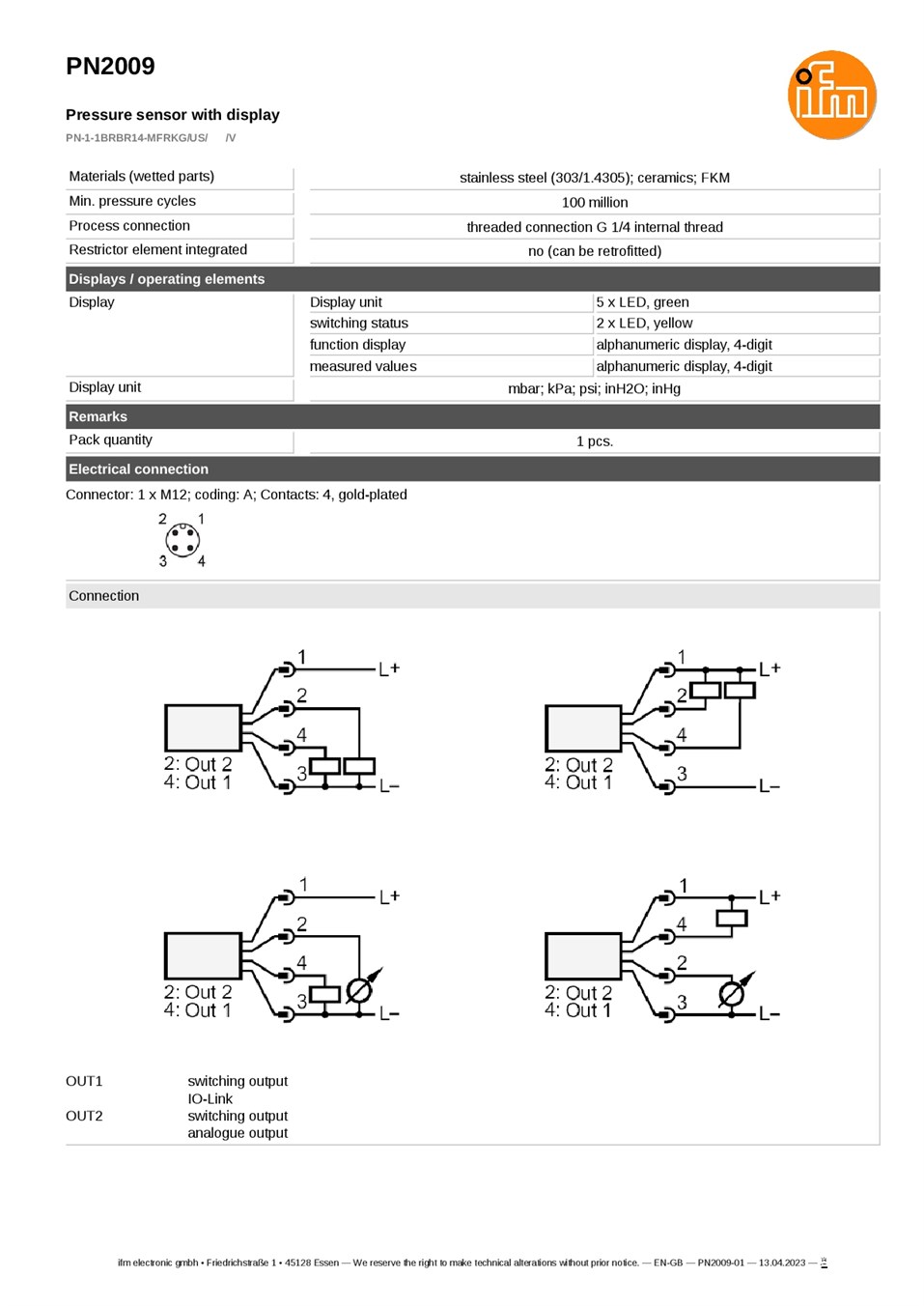 PN2009 / Pressure sensor / Range -1...1 bar / PNP/NPN / 4...20 / 0...10 / G 1/4 internal thread datasheet