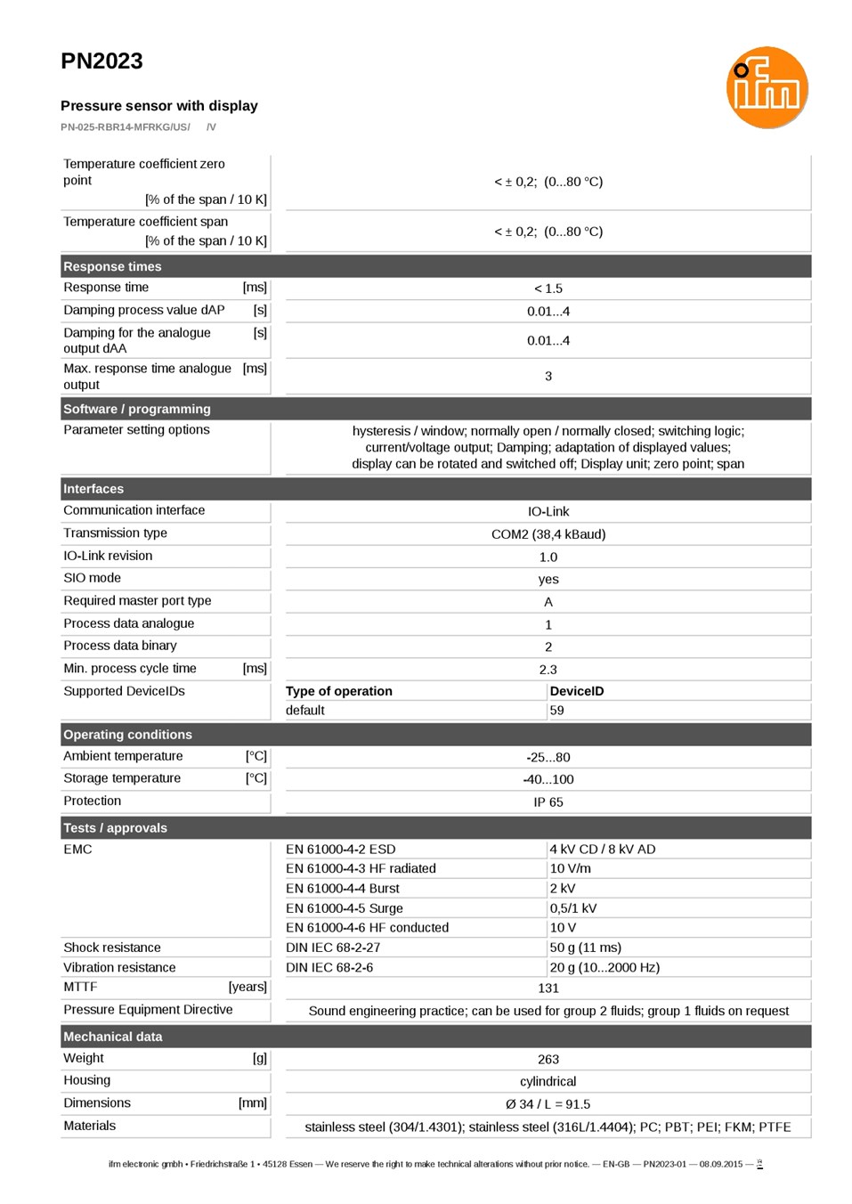 PN2023 / Pressure sensor / Range -1...25 bar / PNP/NPN / 4...20 / 0...10 / G 1/4 internal thread datasheet