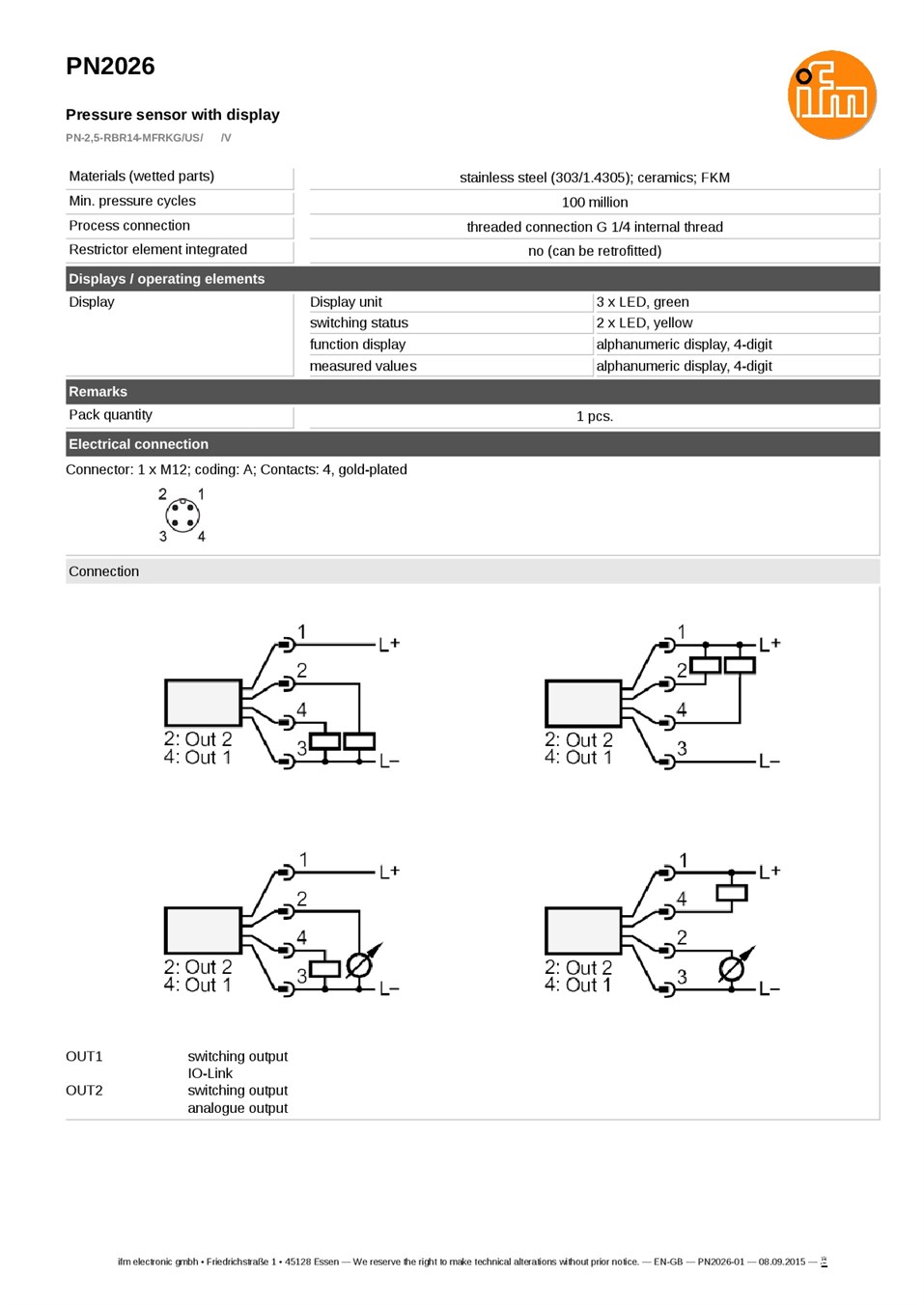 PN2026 / Pressure sensor / Range -0.13...2.5 bar / PNP/NPN / 4...20 / 0...10 / G 1/4 internal thread datasheet