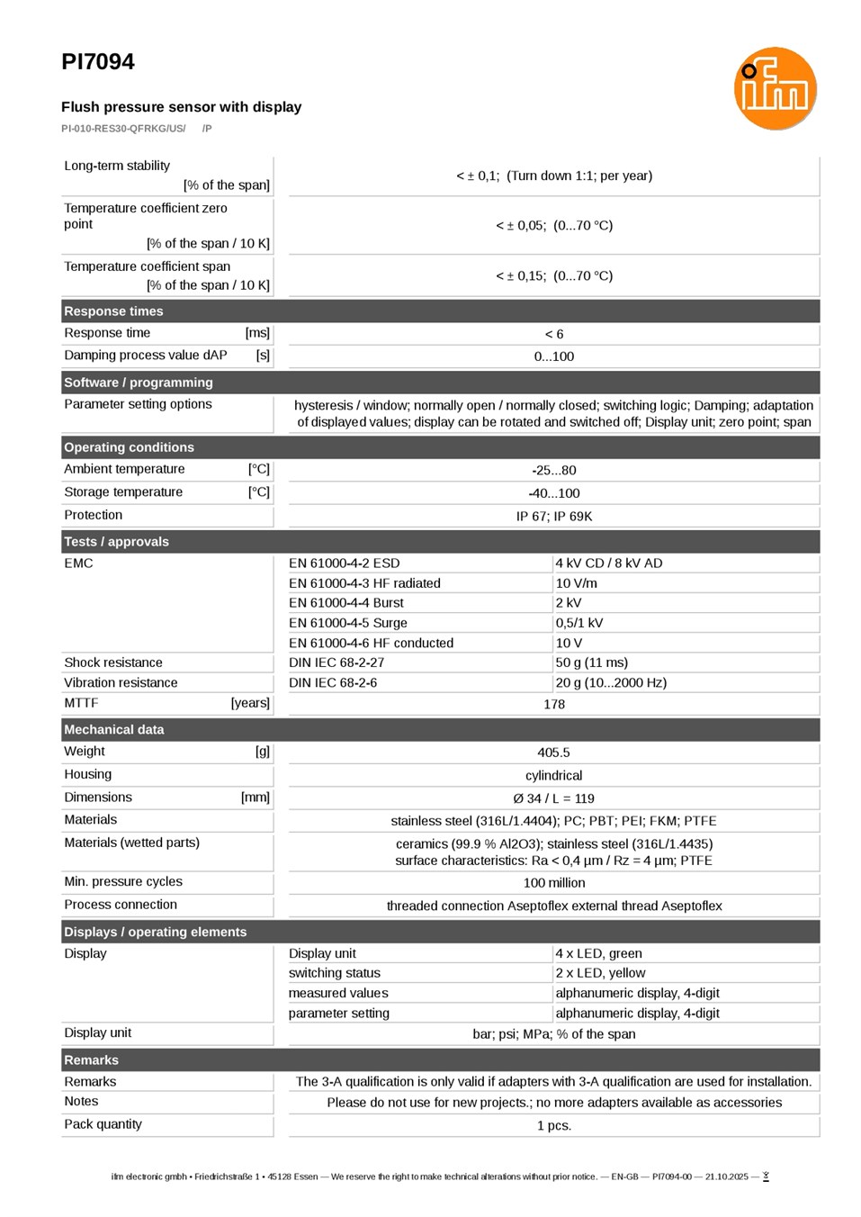 PI7094 / Pressure sensor / Range -1...10 bar / PNP/NPN / 4...20 / 0...10 / Aseptoflex external thread Aseptoflex datasheet