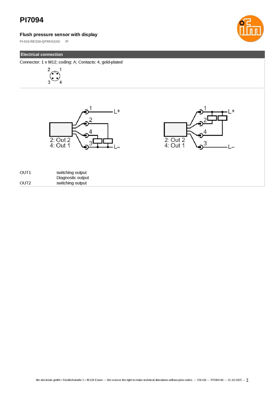 PI7094 / Pressure sensor / Range -1...10 bar / PNP/NPN / 4...20 / 0...10 / Aseptoflex external thread Aseptoflex datasheet