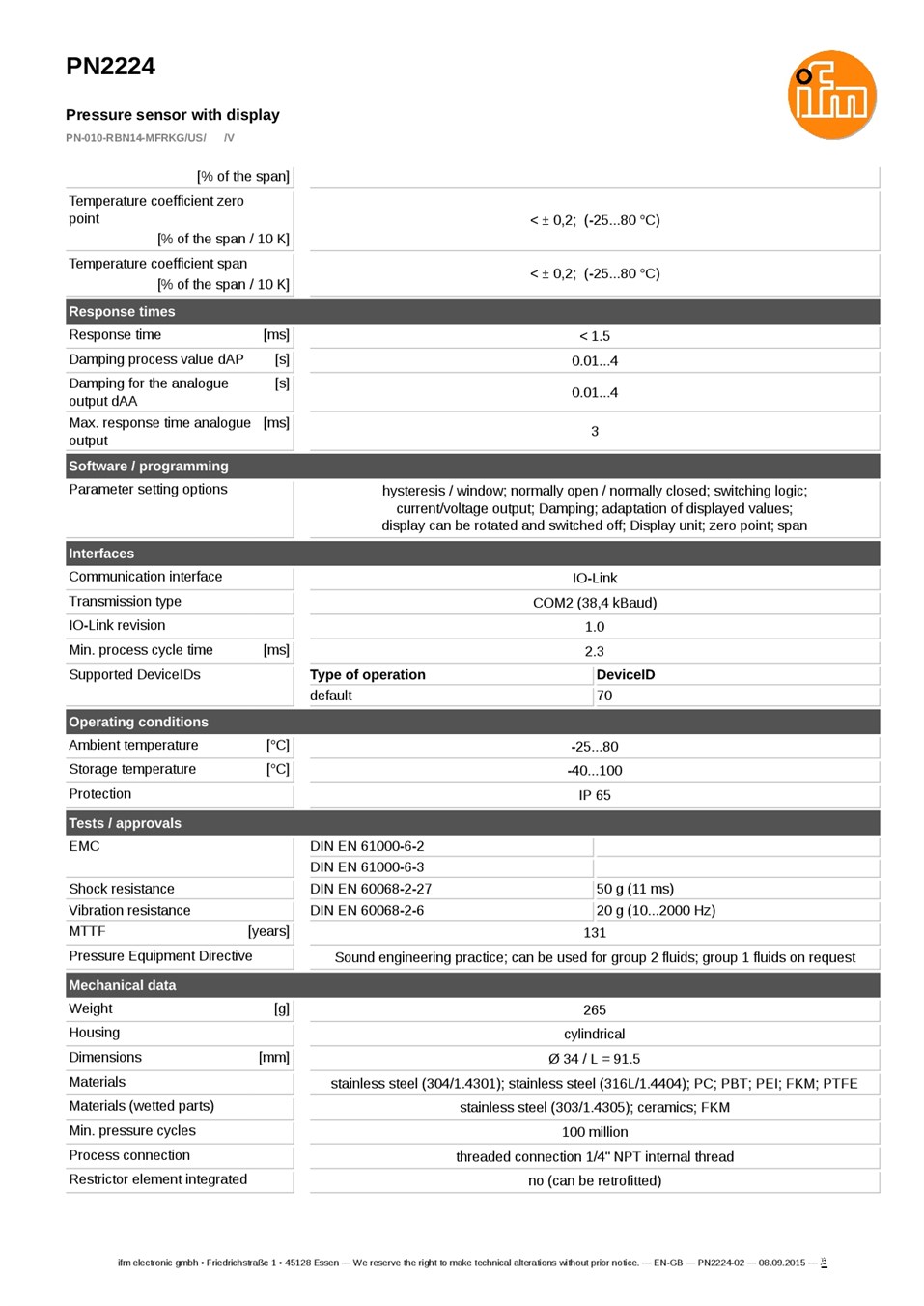 PN2224 / Pressure sensor / Range -1...10 bar / PNP/NPN / 4...20 / 0...10 / 1/4" NPT internal thread datasheet