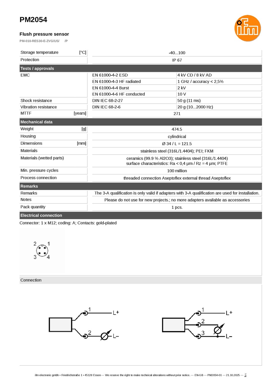 PM2054 / Pressure sensor / Range -0.5...10 bar / 4...20 / Aseptoflex external thread Aseptoflex datasheet
