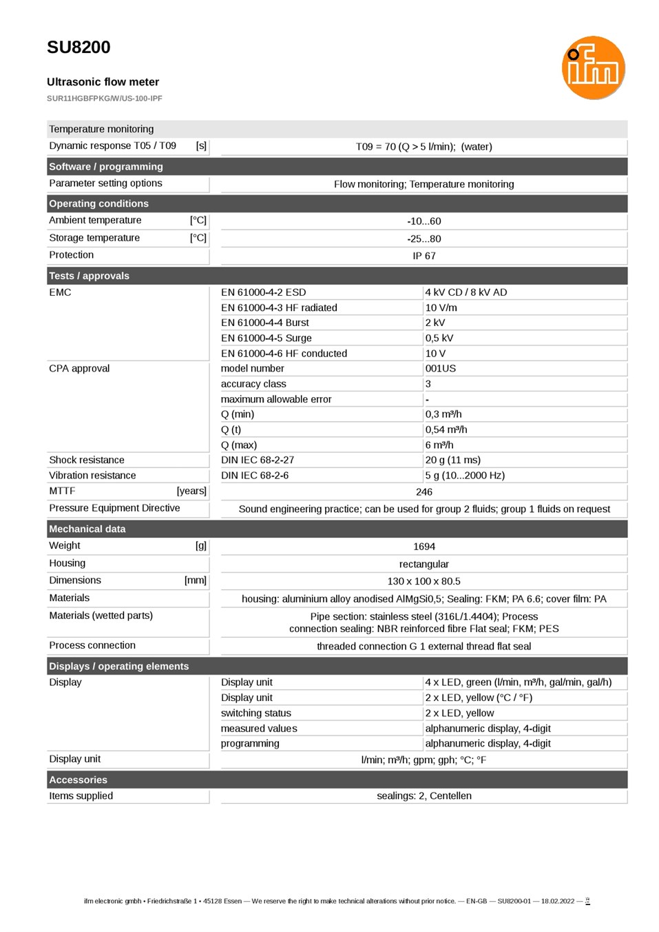 SU8200 \ Flow sensor \ Range 100 l/min \ PNP NO/NC \ DN25 \ G 1 external thread flat seal datasheet