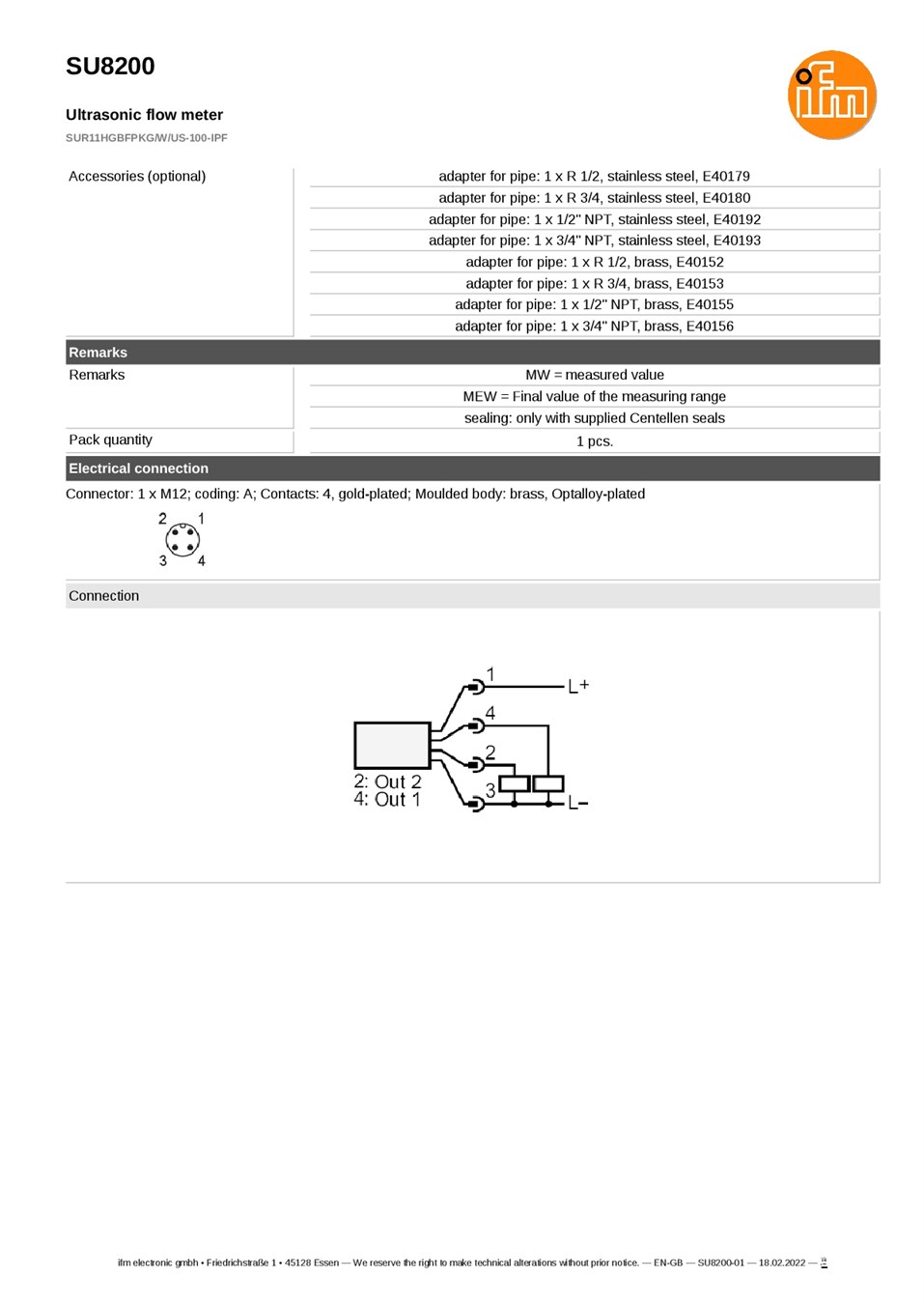 SU8200 \ Flow sensor \ Range 100 l/min \ PNP NO/NC \ DN25 \ G 1 external thread flat seal datasheet