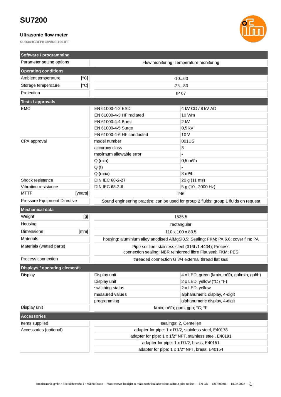 SU7200 \ Flow sensor \ Range 50 l/min \ PNP NO/NC \ DN20 \ G 3/4 external thread flat seal datasheet