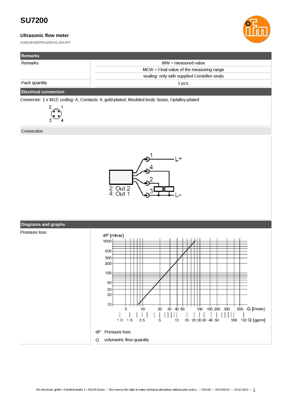 SU7200 \ Flow sensor \ Range 50 l/min \ PNP NO/NC \ DN20 \ G 3/4 external thread flat seal datasheet