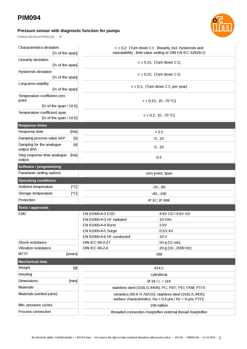 PIM094 / Pressure sensor / Range -1...10 bar / PNP/NPN / 4...20 / Aseptoflex external thread Aseptoflex datasheet