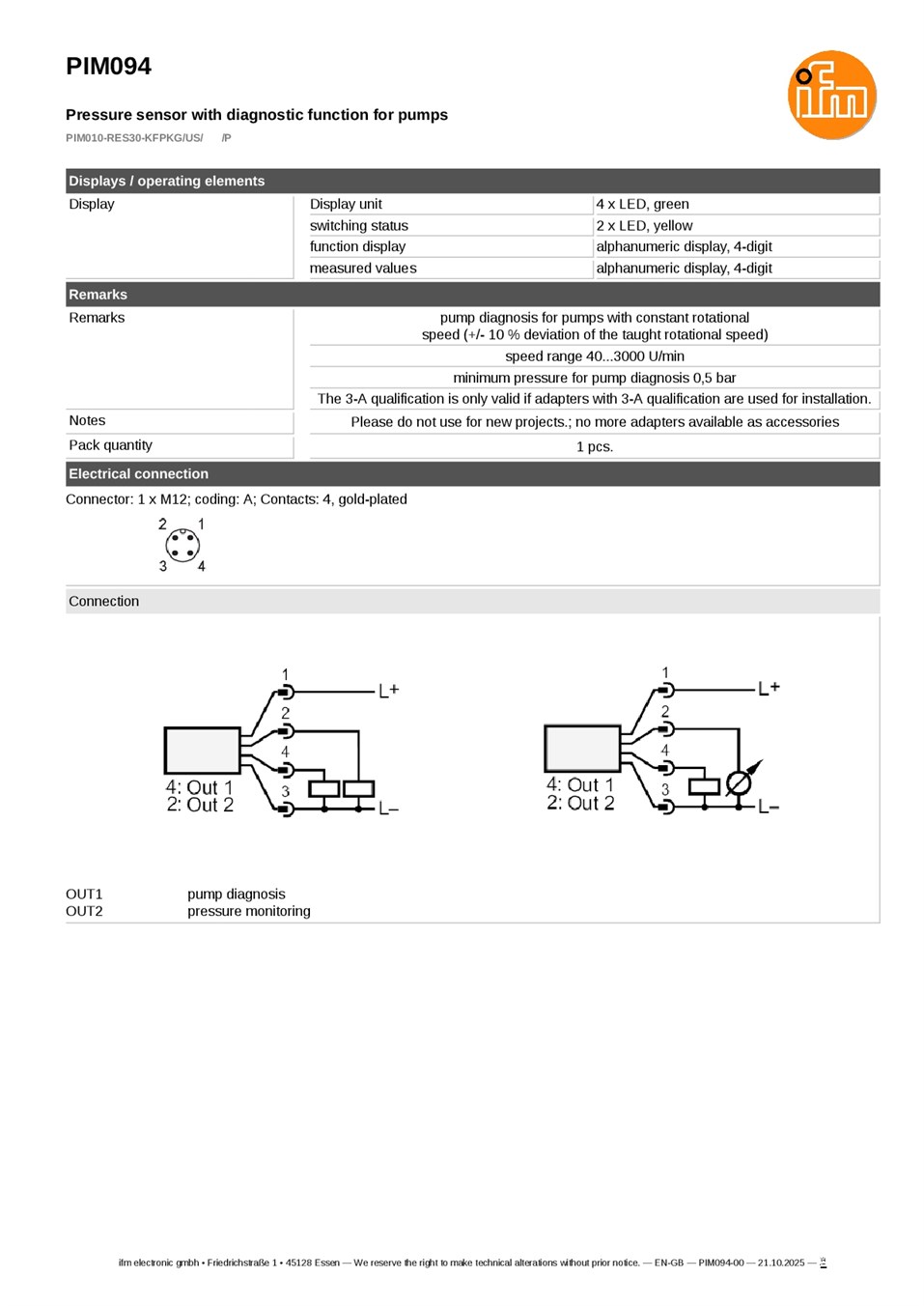 PIM094 / Pressure sensor / Range -1...10 bar / PNP/NPN / 4...20 / Aseptoflex external thread Aseptoflex datasheet