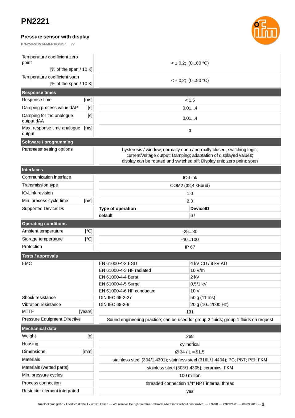 PN2221 / Pressure sensor / Range 0...250 bar / PNP/NPN / 4...20 / 0...10 / 1/4" NPT internal thread datasheet