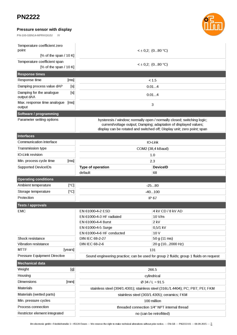 PN2222 / Pressure sensor / Range 0...100 bar / PNP/NPN / 4...20 / 0...10 / 1/4" NPT internal thread datasheet