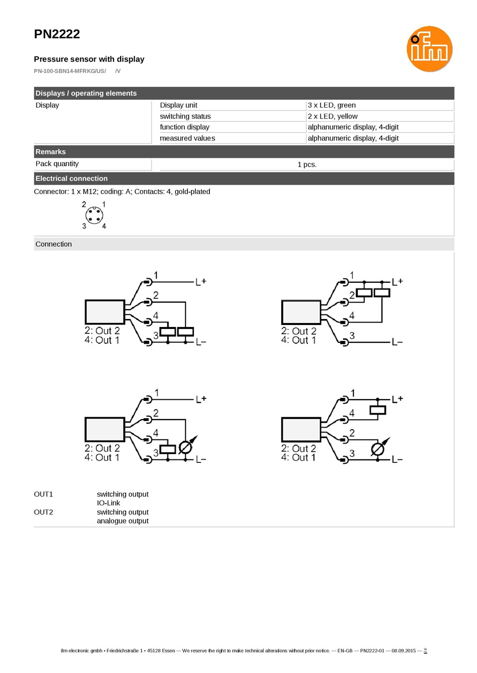 PN2222 / Pressure sensor / Range 0...100 bar / PNP/NPN / 4...20 / 0...10 / 1/4" NPT internal thread datasheet