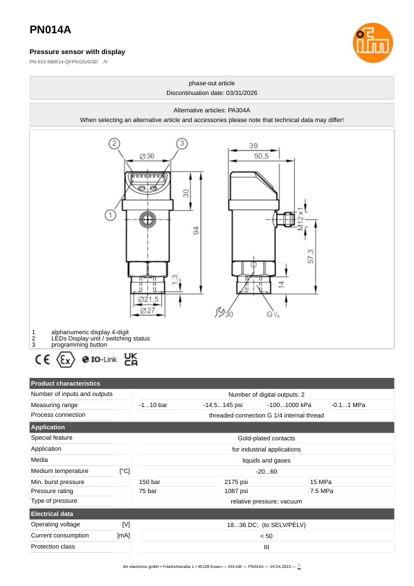 PN014A / Pressure sensor / Range -1...10 bar / PNP/NPN / G 1/4 internal thread datasheet