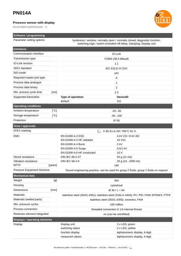PN014A / Pressure sensor / Range -1...10 bar / PNP/NPN / G 1/4 internal thread datasheet