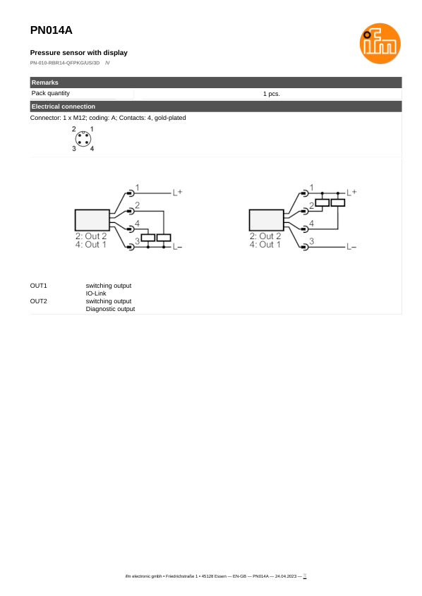 PN014A / Pressure sensor / Range -1...10 bar / PNP/NPN / G 1/4 internal thread datasheet