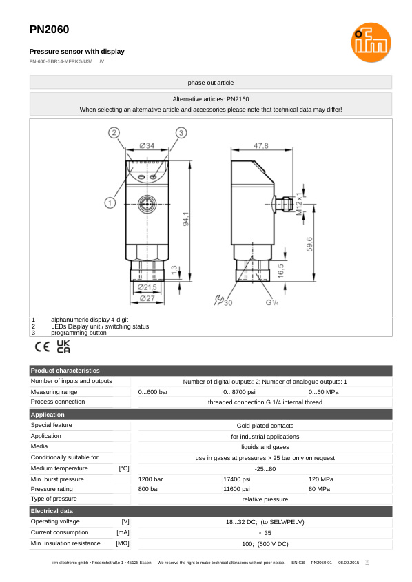 PN2060 / Pressure sensor / Range 0...600 bar / PNP/NPN / 4...20 / 0...10 / G 1/4 internal thread datasheet