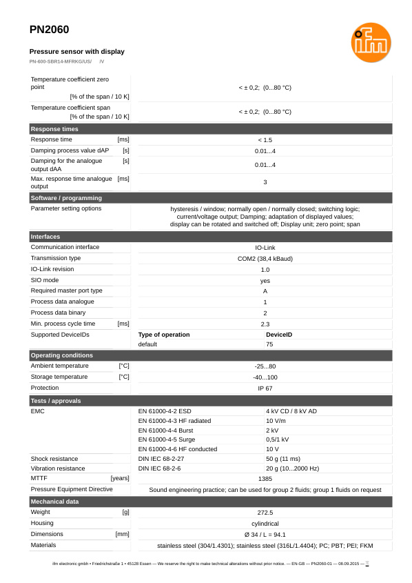 PN2060 / Pressure sensor / Range 0...600 bar / PNP/NPN / 4...20 / 0...10 / G 1/4 internal thread datasheet