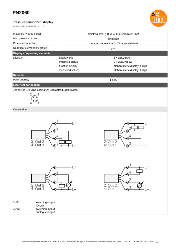 PN2060 / Pressure sensor / Range 0...600 bar / PNP/NPN / 4...20 / 0...10 / G 1/4 internal thread datasheet
