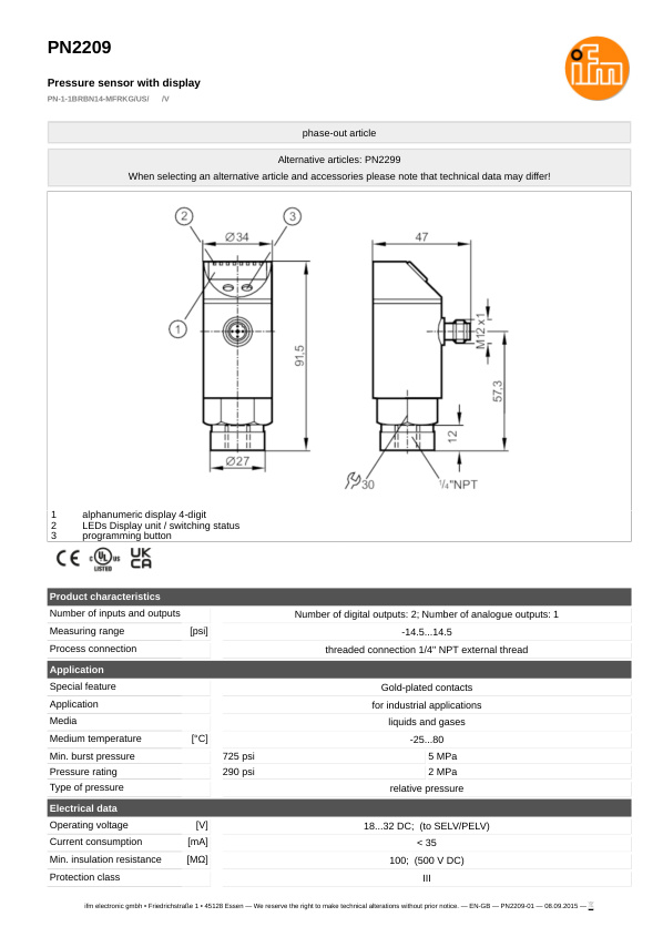 PN2209 / Pressure sensor / Range 14.5...14.5 psi / PNP/NPN / 4...20 / 0...10 / 1/4" NPT external thread datasheet