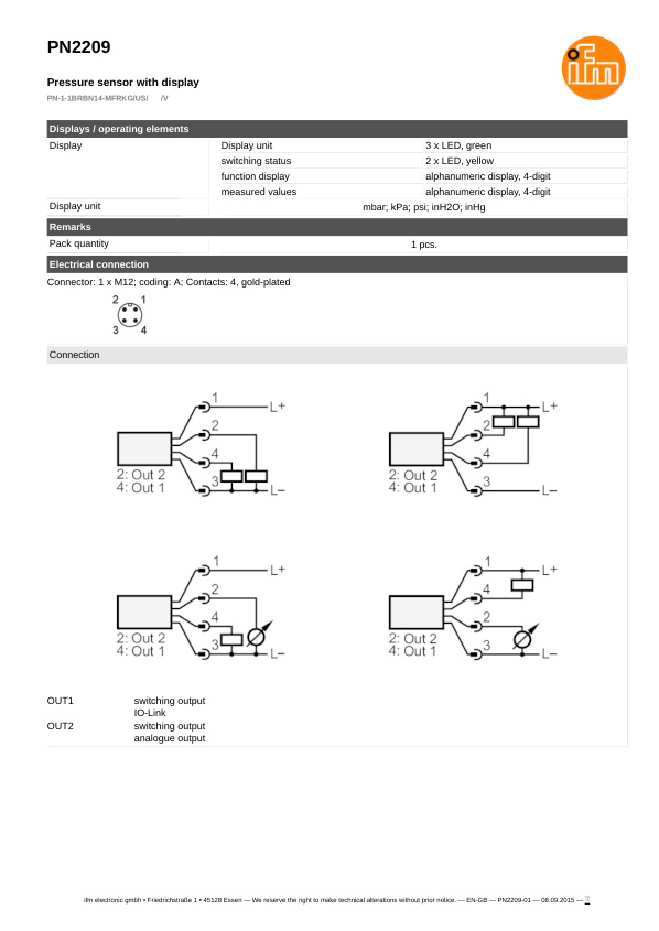PN2209 / Pressure sensor / Range 14.5...14.5 psi / PNP/NPN / 4...20 / 0...10 / 1/4" NPT external thread datasheet