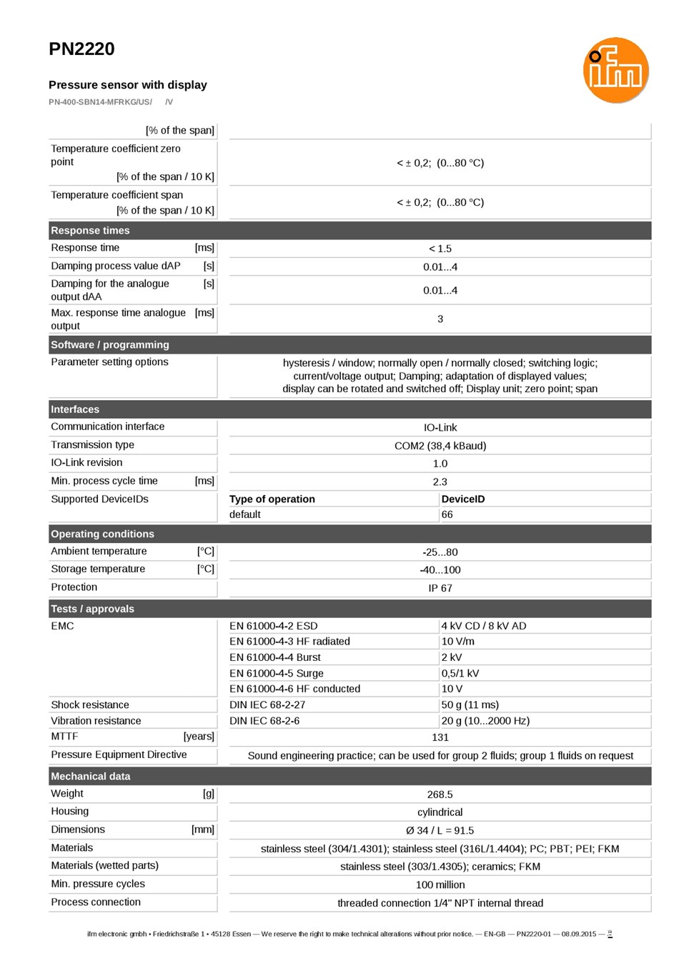 PN2220 / Pressure sensor / Range 0...400 bar / PNP/NPN / 4...20 / 0...10 / 1/4" NPT internal thread datasheet