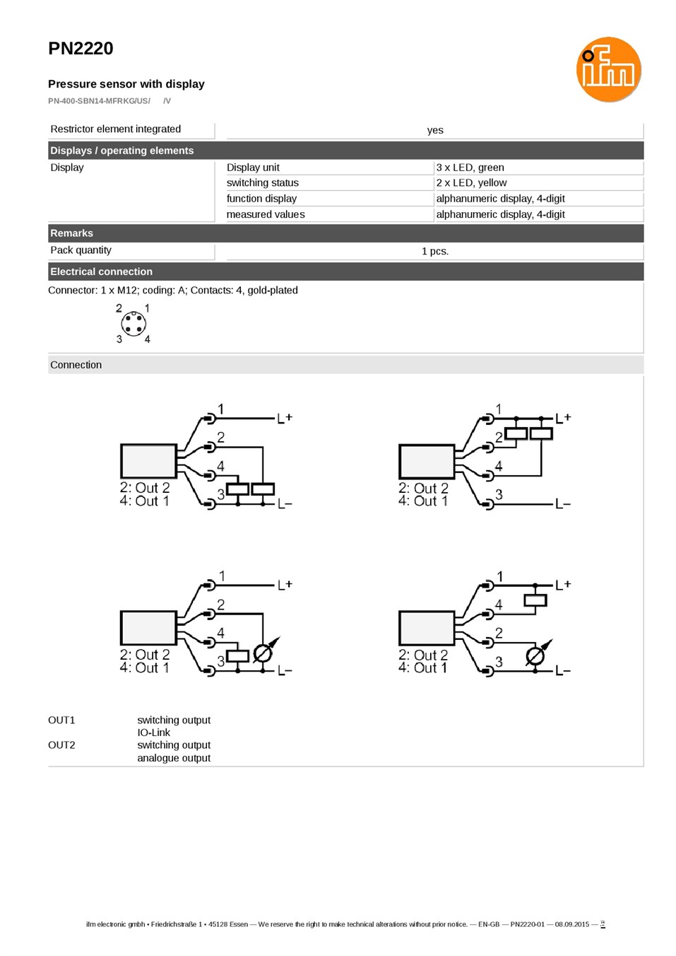 PN2220 / Pressure sensor / Range 0...400 bar / PNP/NPN / 4...20 / 0...10 / 1/4" NPT internal thread datasheet