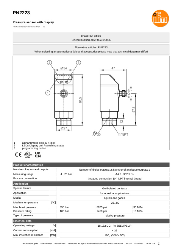 PN2223 / Pressure sensor / Range -1...25 bar / PNP/NPN / 4...20 / 0...10 / 1/4" NPT internal thread datasheet