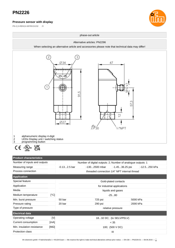 PN2226 / Pressure sensor / Range -0.13...2.5 bar / PNP/NPN /  4...20 / 0...10 / 1/4" NPT internal thread datasheet
