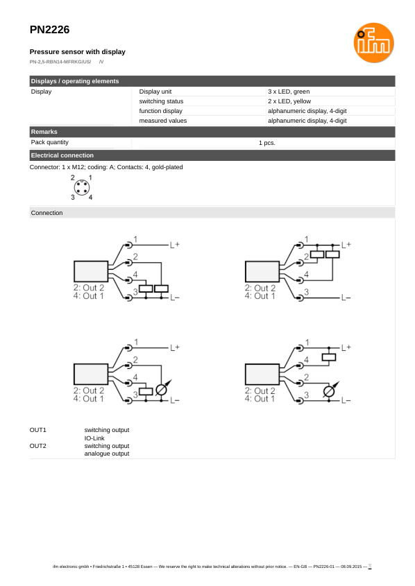 PN2226 / Pressure sensor / Range -0.13...2.5 bar / PNP/NPN /  4...20 / 0...10 / 1/4" NPT internal thread datasheet