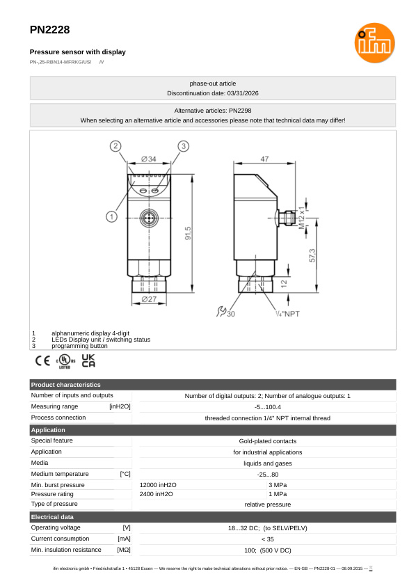PN2228 / Pressure sensor / Range -5...100.4 inH2O / PNP/NPN /  4...20 / 0...10 / 1/4" NPT internal thread datasheet