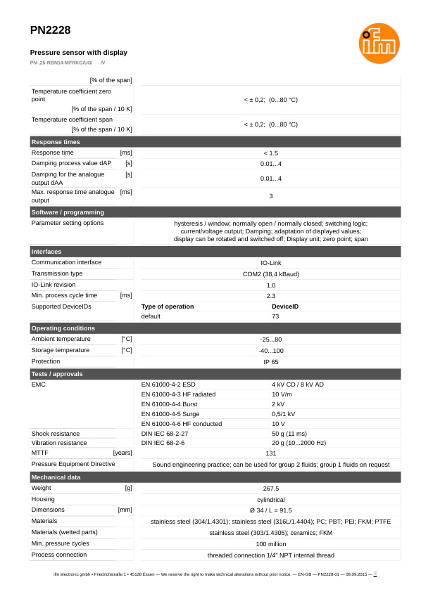 PN2228 / Pressure sensor / Range -5...100.4 inH2O / PNP/NPN /  4...20 / 0...10 / 1/4" NPT internal thread datasheet