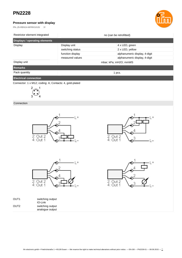 PN2228 / Pressure sensor / Range -5...100.4 inH2O / PNP/NPN /  4...20 / 0...10 / 1/4" NPT internal thread datasheet