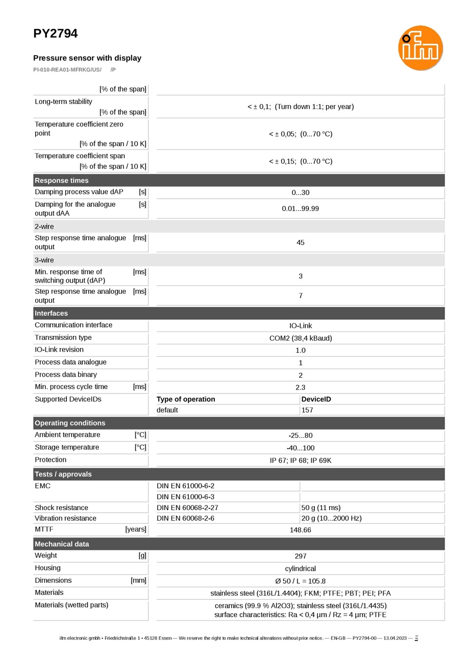 PY2794 / Pressure sensor / Range -1...10 bar / PNP/NPN / 4...20 / G 1 external thread Aseptoflex Vario datasheet