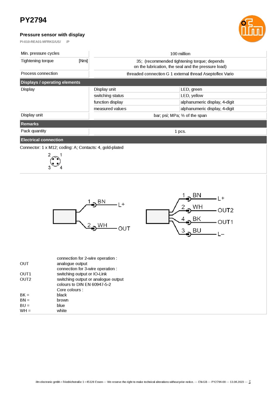 PY2794 / Pressure sensor / Range -1...10 bar / PNP/NPN / 4...20 / G 1 external thread Aseptoflex Vario datasheet